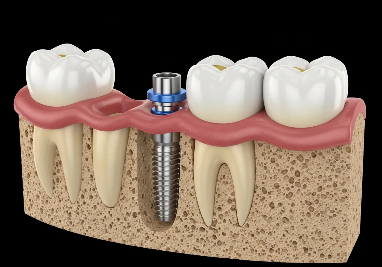 3D-Illustration eines Implantats im Kieferknochen
